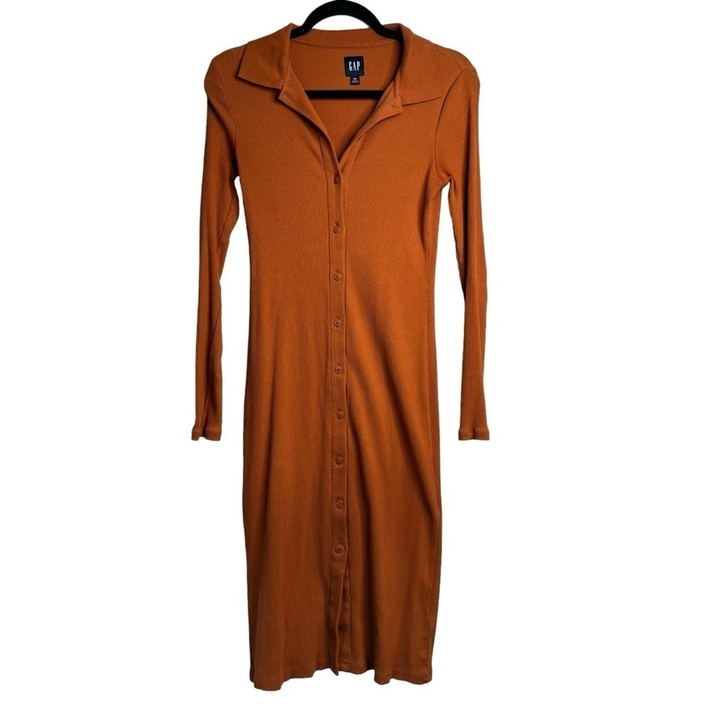 GAP Women's Long Sleeve Ribbed Polo Midi Dress Button Front Rust Orange XS
